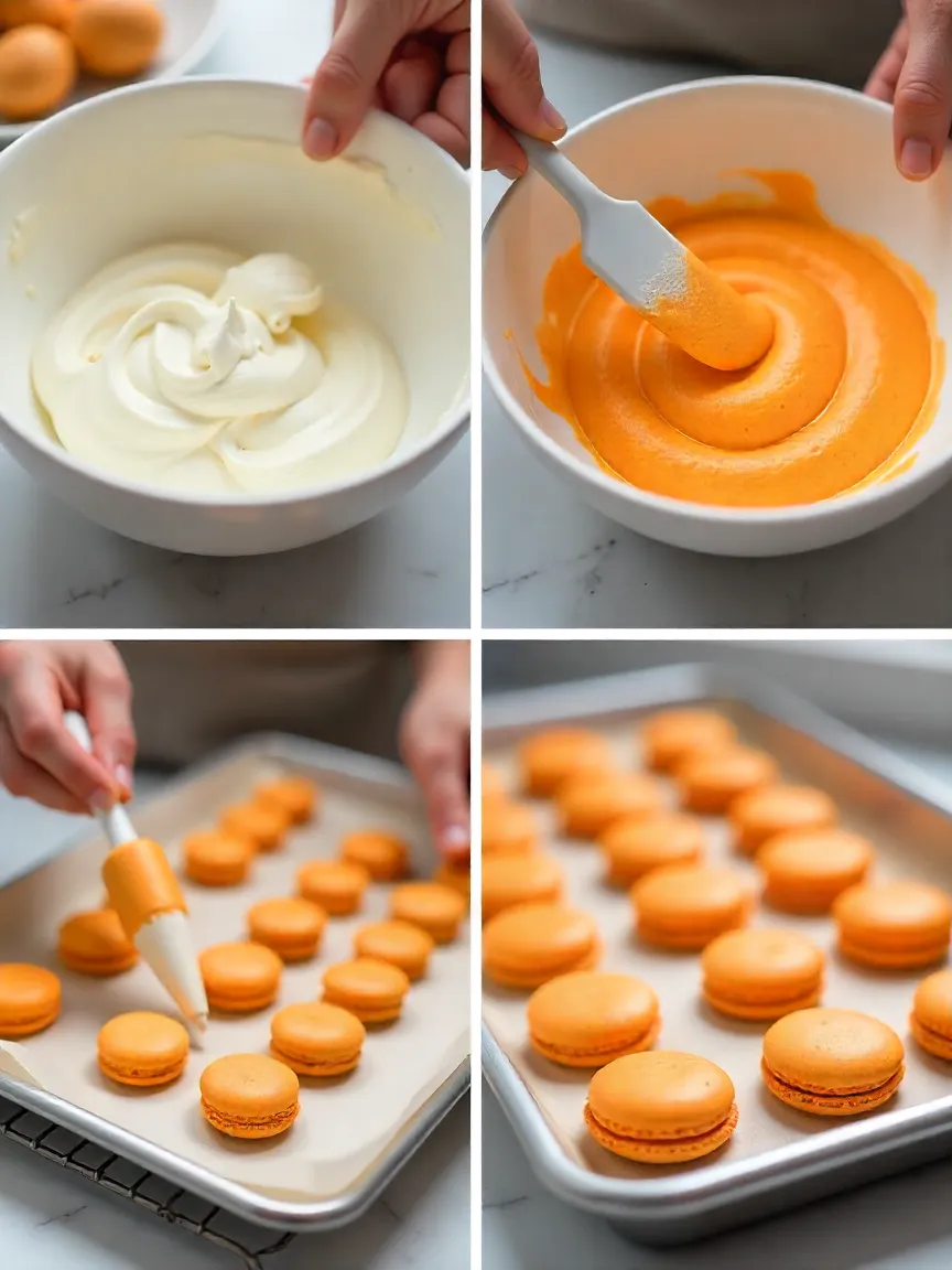 Step-by-step collage of whipping meringue, folding batter, piping macarons, and baked shells cooling.