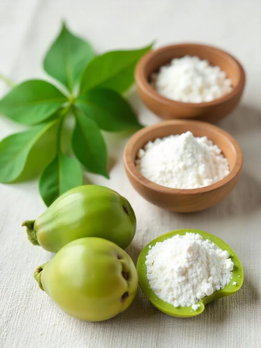 Fresh stevia leaves and whole monk fruit with small bowls of white powdered sweetener on a natural linen background.