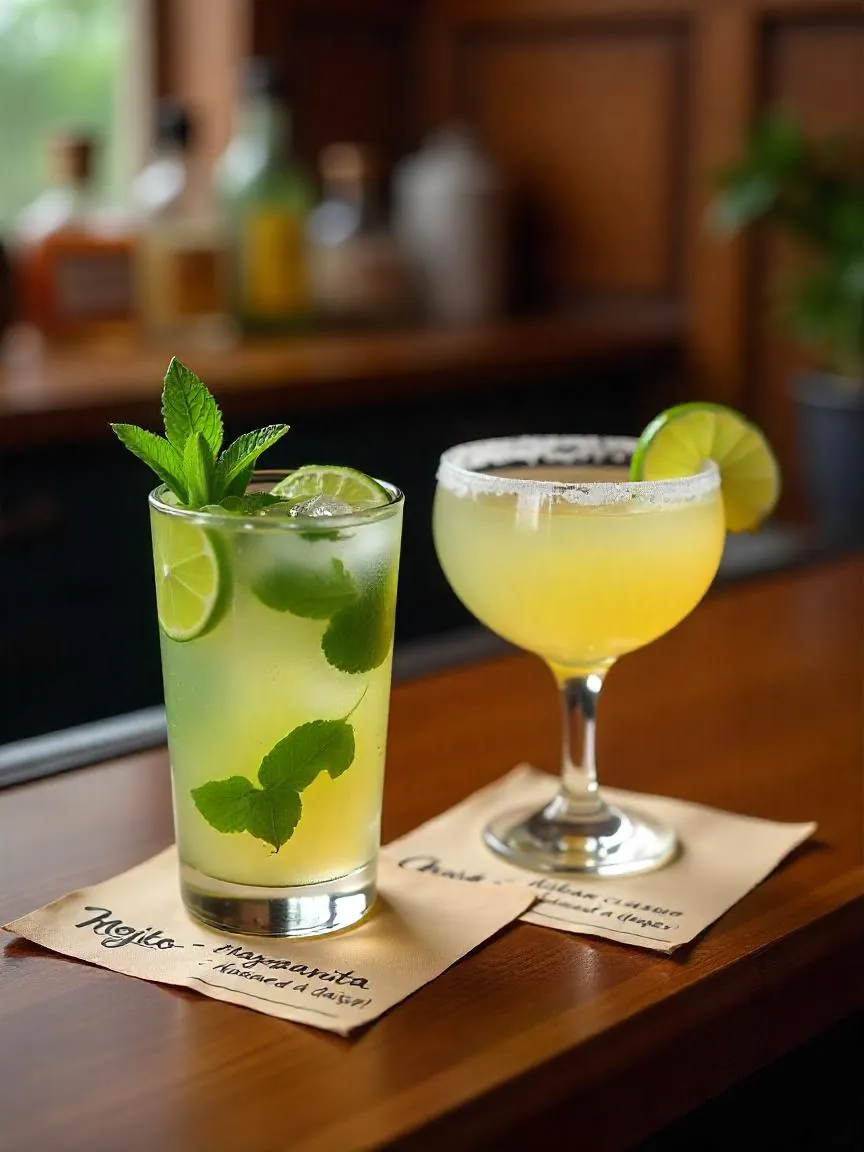 Mojito and Margarita cocktails on a vintage bar counter with small cards sharing their names and origin stories, surrounded by fresh ingredients.