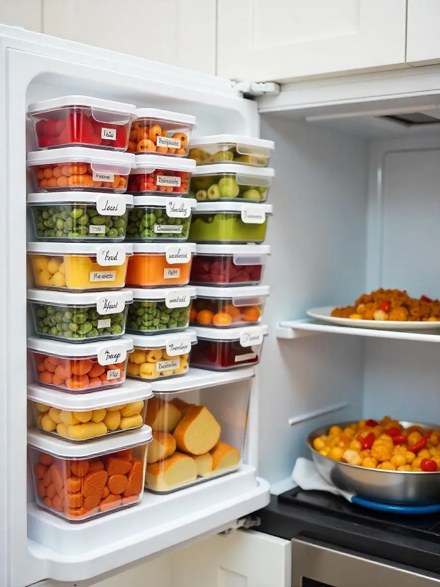 Labeled containers of batch-cooked meals in a fridge and freezer, with one meal being reheated on a stovetop or in a microwave.