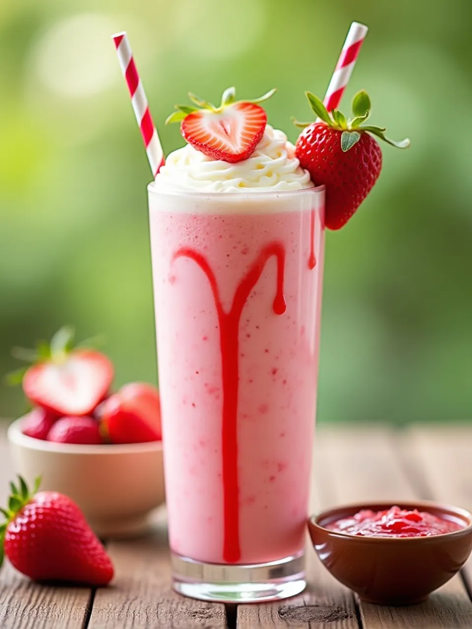 Strawberry milkshake in a tall glass topped with whipped cream and fresh strawberries, with syrup drizzle on the glass.