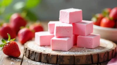 Pink homemade strawberry marshmallows on wooden board with fresh strawberries and powdered sugar, bright and airy dessert scene.