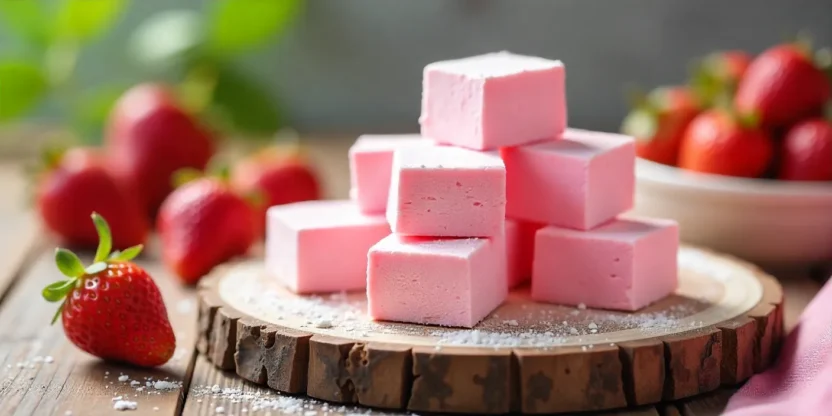 Pink homemade strawberry marshmallows on wooden board with fresh strawberries and powdered sugar, bright and airy dessert scene.