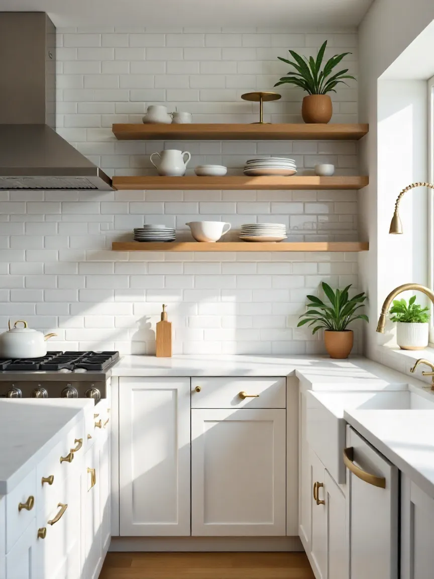 White subway tile backsplash in a herringbone pattern with open shelves, brass accents, and quartz countertops in a modern kitchen.