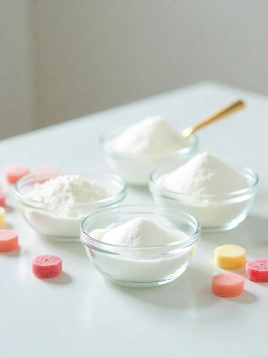 Glass bowls with white crystalline sugar alcohols like xylitol and erythritol next to sugar-free candies and gum on a clean surface.
