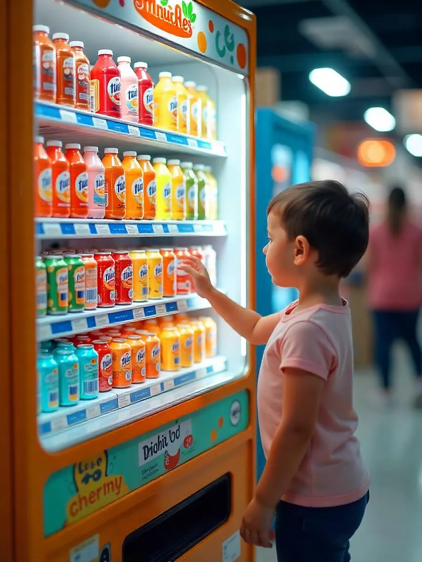 Colorful sugary drinks displayed to attract children, with a child reaching toward them, illustrating youth-targeted marketing.