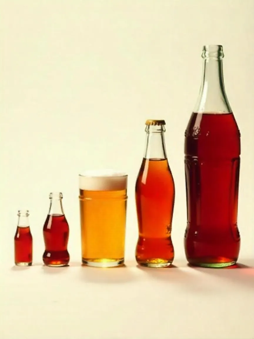 Visual progression of sugary drink containers growing in size over time, symbolizing increased consumption and obesity risk.