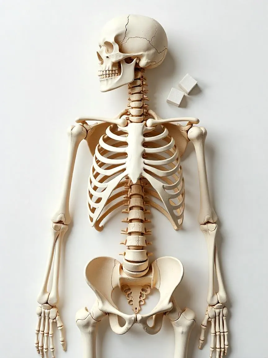 Illustration of bones surrounded by soda cans and sugar cubes, highlighting the impact of sugary drinks on bone health.