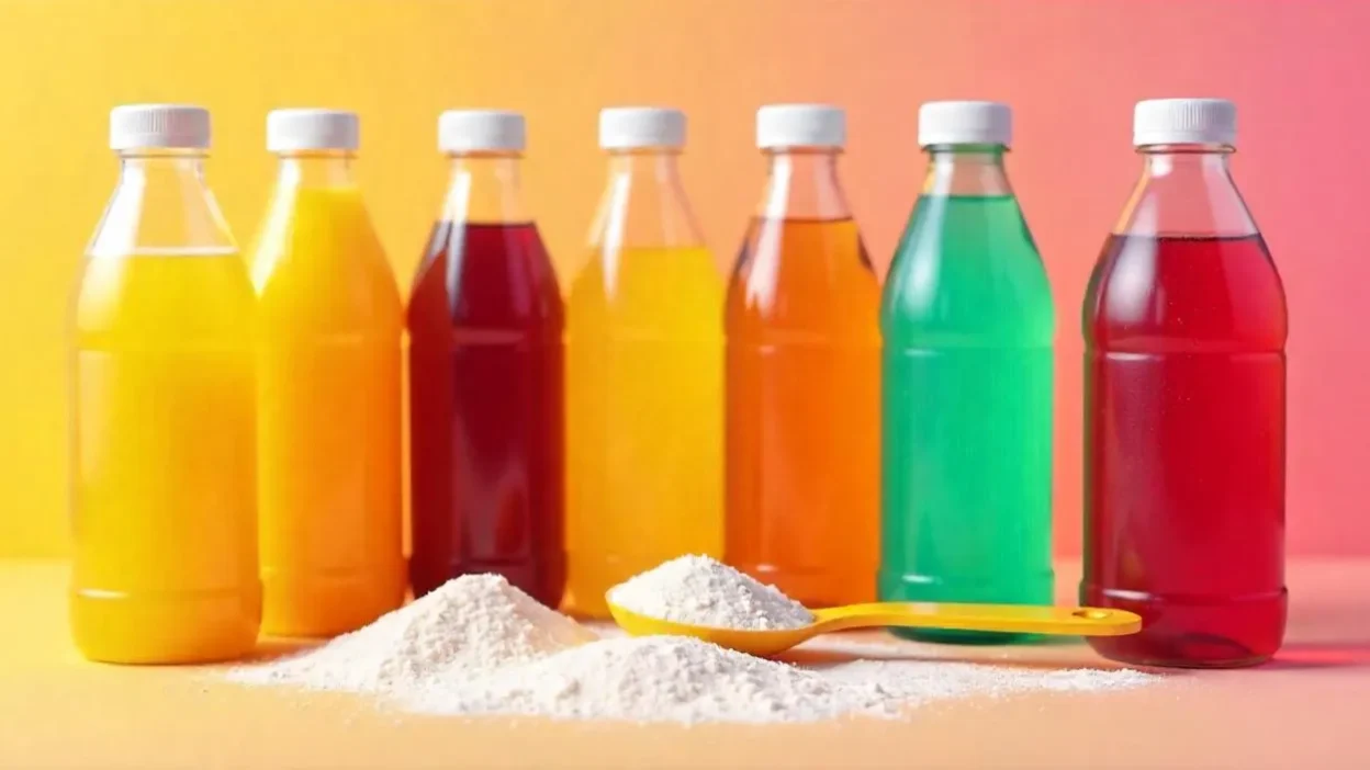 A variety of sugary drinks in colorful bottles and cans beside a measuring spoon filled with sugar, symbolizing high sugar content.