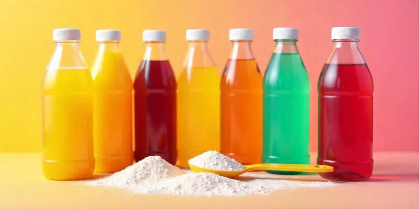A variety of sugary drinks in colorful bottles and cans beside a measuring spoon filled with sugar, symbolizing high sugar content.
