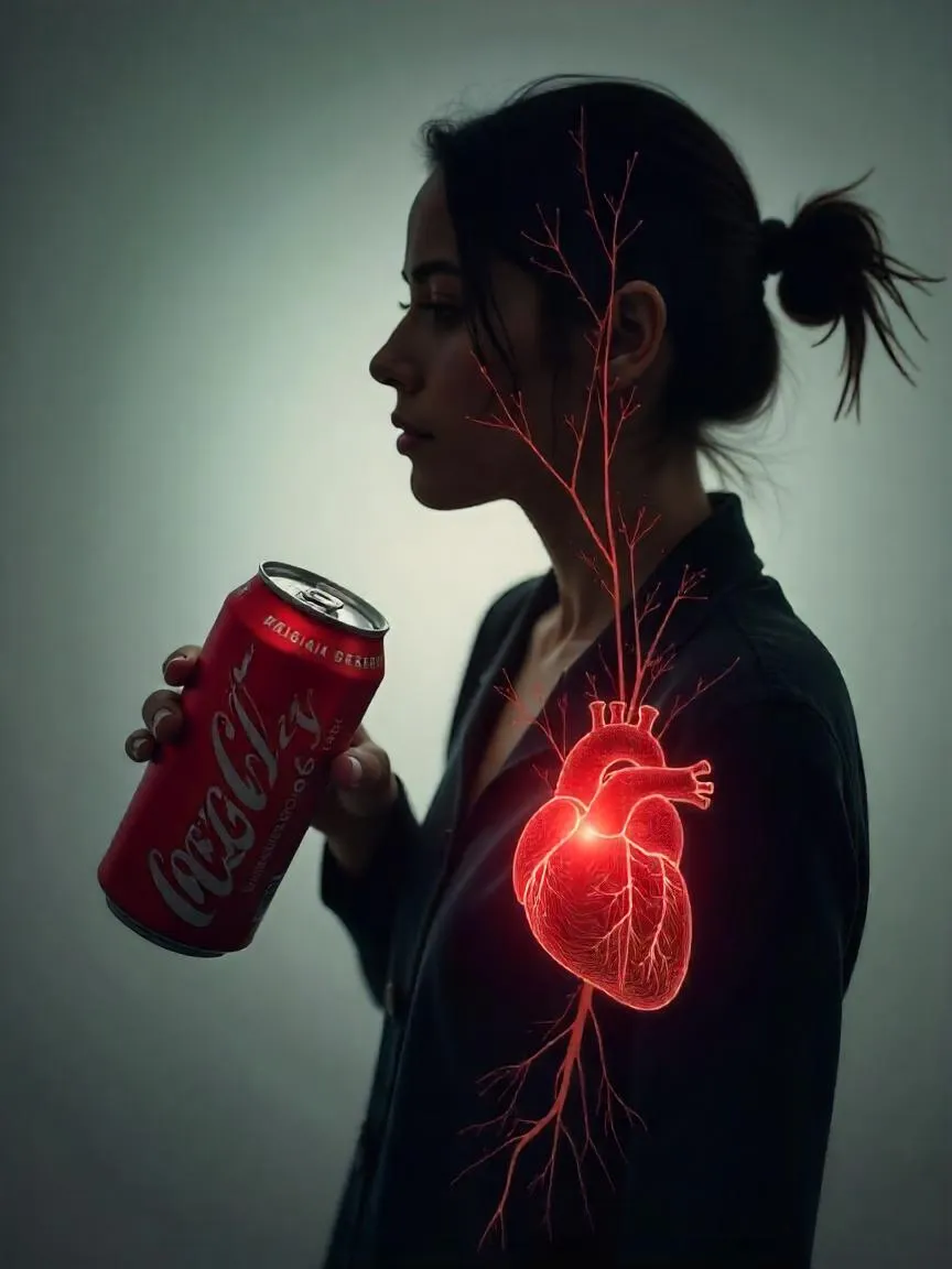 Person holding a soda can with faint symbols of health risks like a heart, liver, and weight scale in the background.