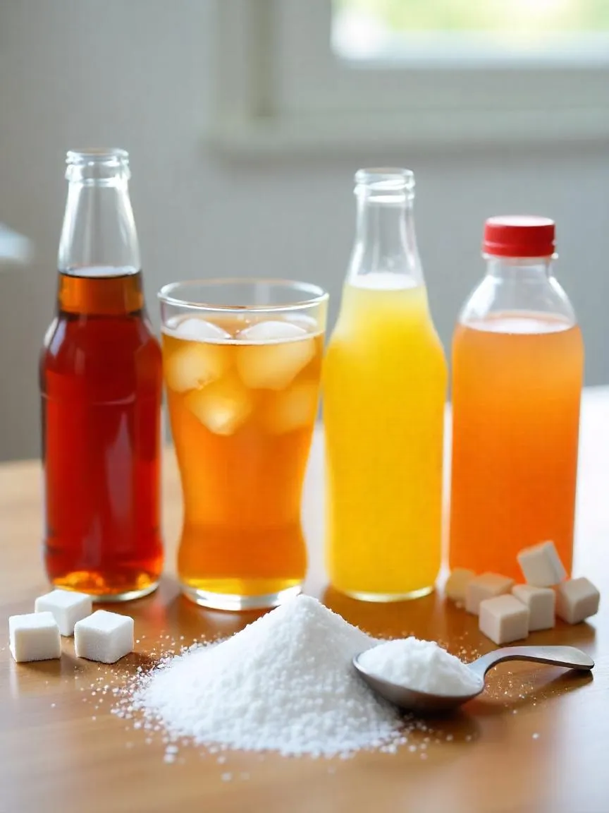 Assortment of sugary drinks with visible sugar beside each to show high sugar content.
