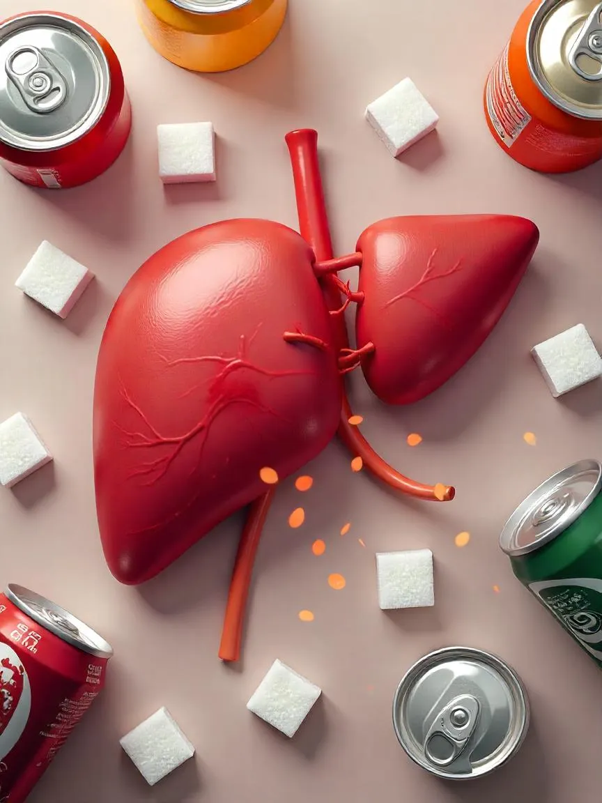Anatomical illustration of a liver next to sugary drinks and sugar cubes, symbolizing the health risks linked to liver cancer.