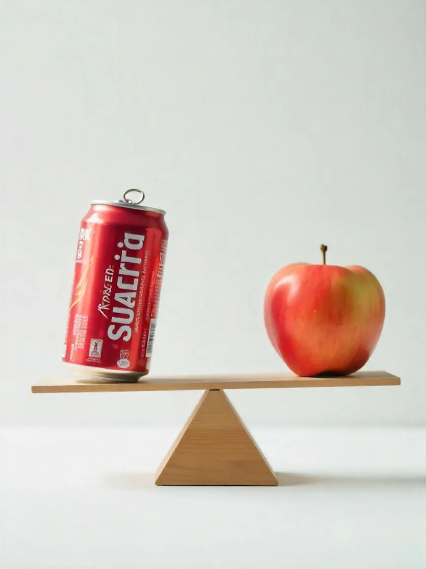 A scale tipped by a soda can outweighing an apple, symbolizing the link between sugary drinks and obesity.