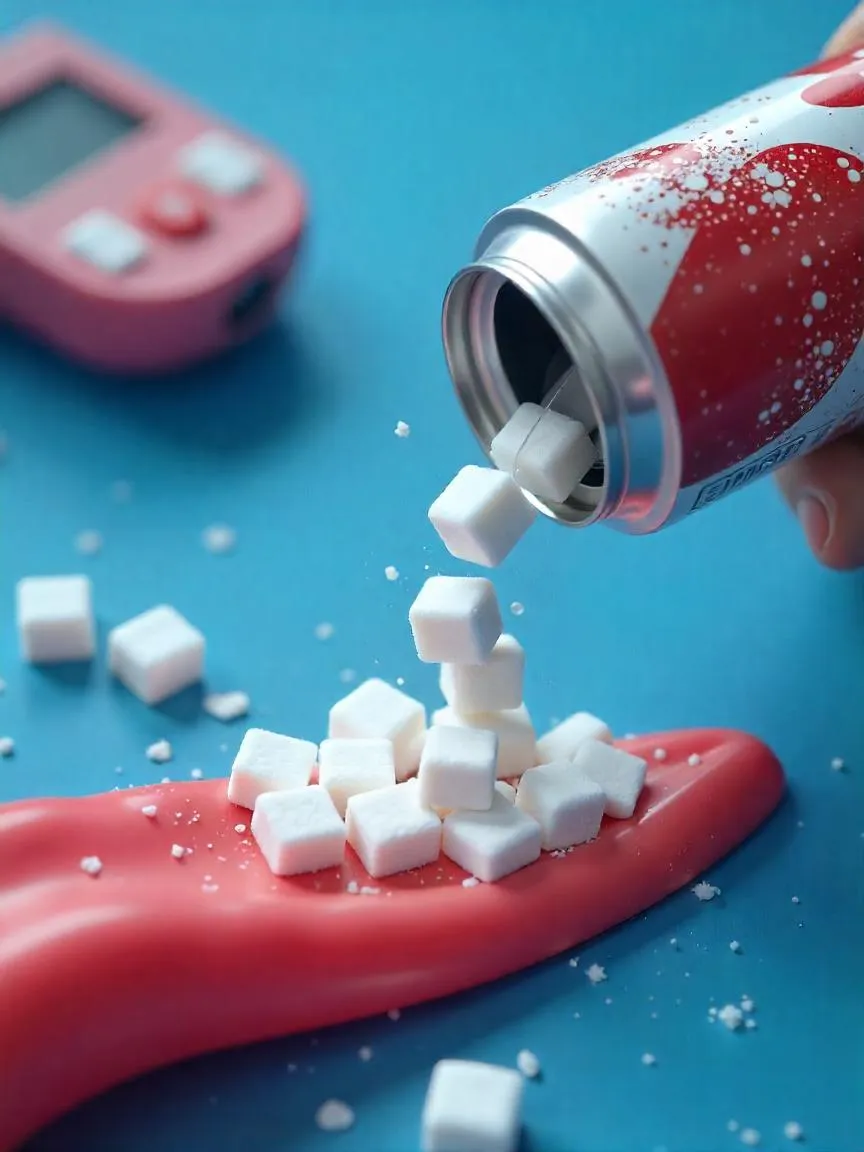 A soda can pouring sugar cubes into a bloodstream, symbolizing the link between sugary drinks and type 2 diabetes.