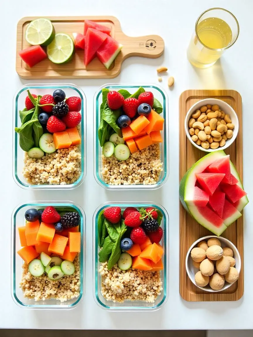 Organized meal prep containers with fresh summer meals, fruits, and vegetables ready for the week.