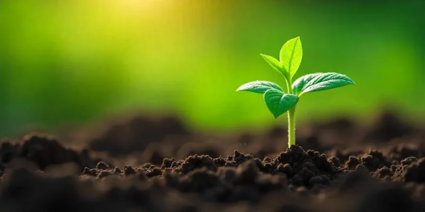 Photo-realistic image of a green bean plant sprouting from soil, symbolizing sustainability.