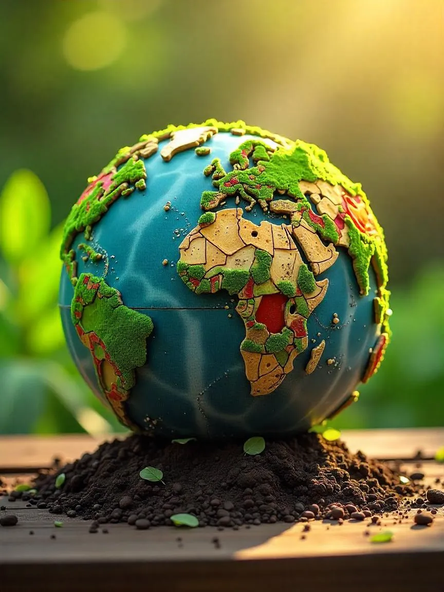 Photo-realistic globe made of vegetables and grains, showing the connection between sustainability and food. 