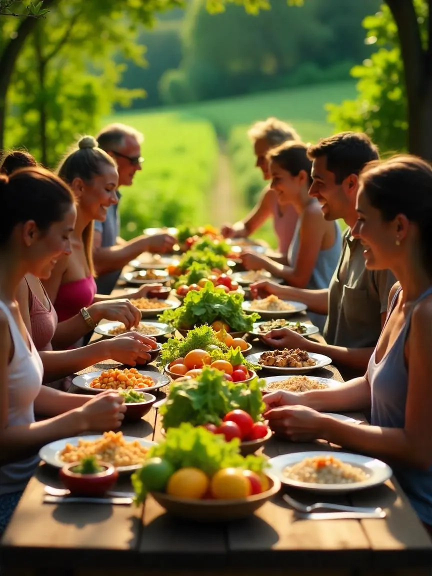 A realistic photo of people from diverse backgrounds enjoying a shared, healthy plant-based meal outdoors with a farm in the background. 