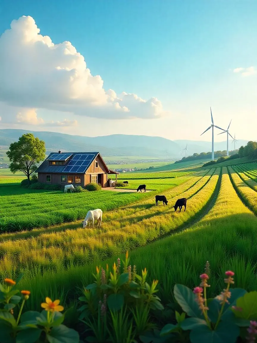 A realistic farm scene with diverse crops, solar greenhouse, wind turbines, and pasture-raised animals, representing sustainable agriculture practices. 