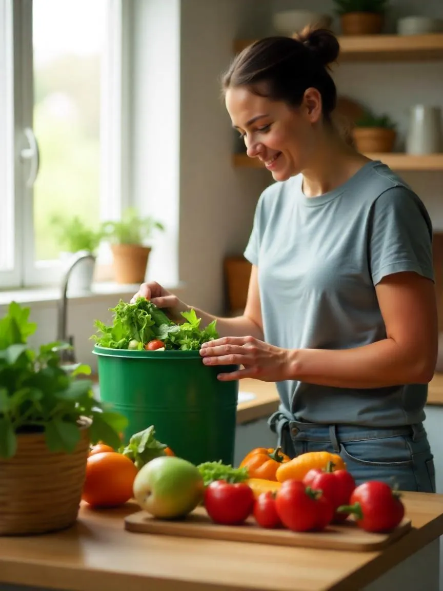 A person in a home kitchen composting food scraps and organizing fresh produce and leftovers in reusable containers to reduce food waste.