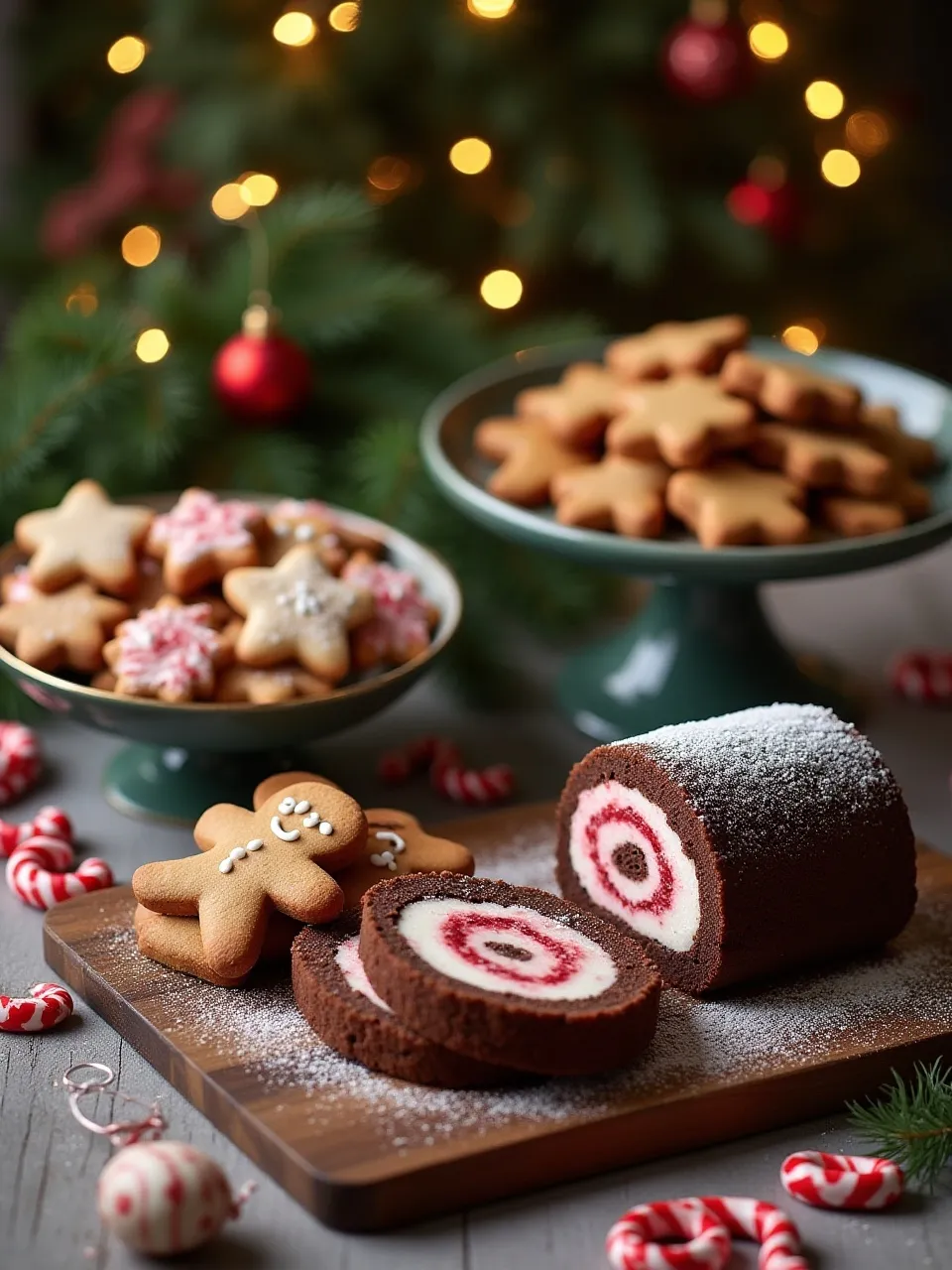 Christmas dessert table with assorted cookies, Yule log cake, cranberry pie, and peppermint bark, decorated with festive greenery and lights.
