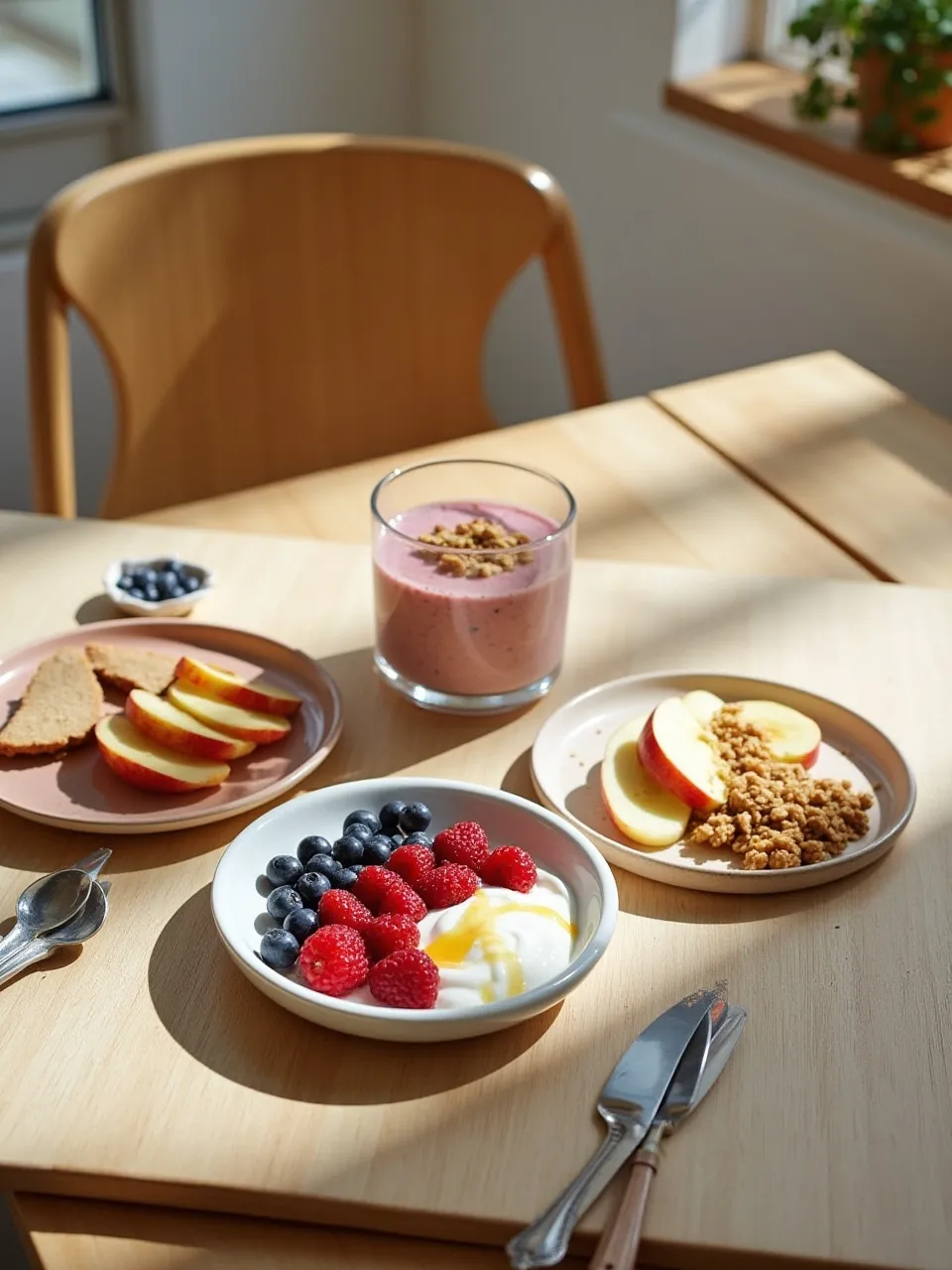 Healthy sweet breakfast with yogurt, berries, honey drizzle, apple slices with cinnamon, and a smoothie bowl topped with fruit and granola.