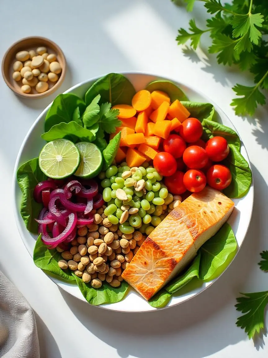 A realistic planetary health plate with a variety of plant-based foods and a small portion of fish or poultry, representing a healthy sustainable diet. 