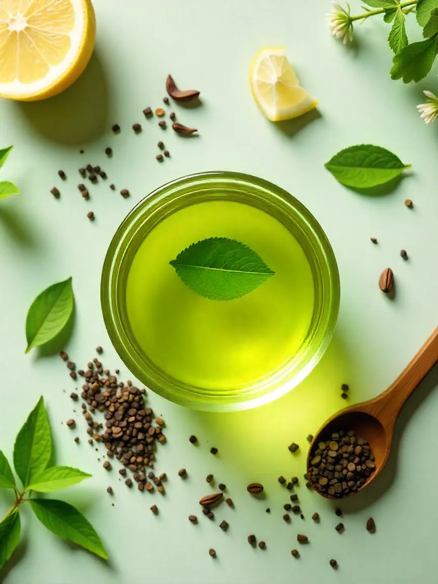 A cup of green tea surrounded by tea leaves, herbs, and antioxidant icons, highlighting the role of polyphenols in tea’s health benefits.