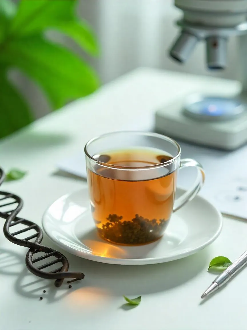 A cup of tea next to a DNA model and research paper, symbolizing the scientific investigation into tea’s role in cancer prevention.