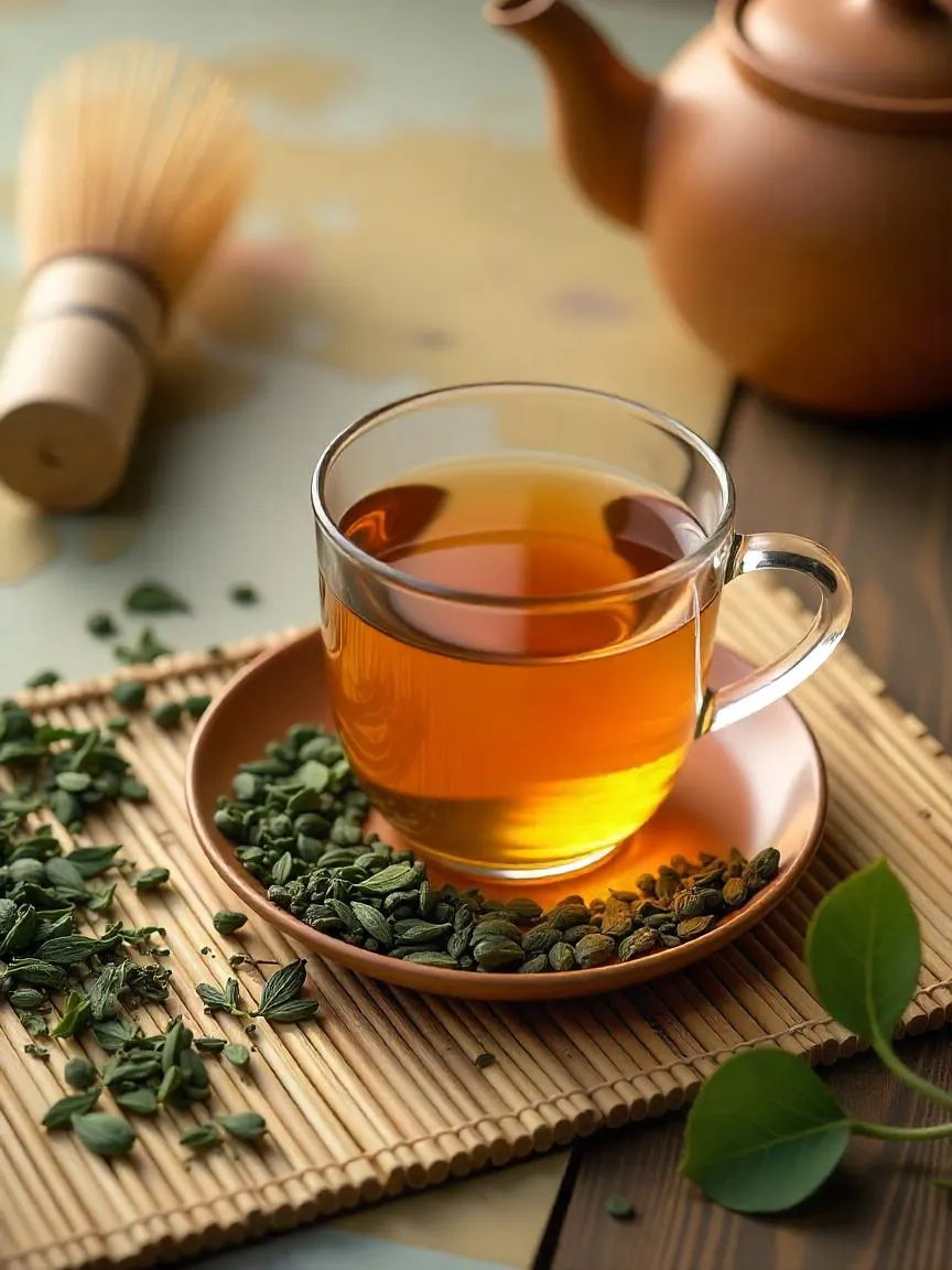 A glass teacup with various loose tea leaves and global tea accessories on a wooden surface, symbolizing tea’s worldwide popularity and cultural roots.