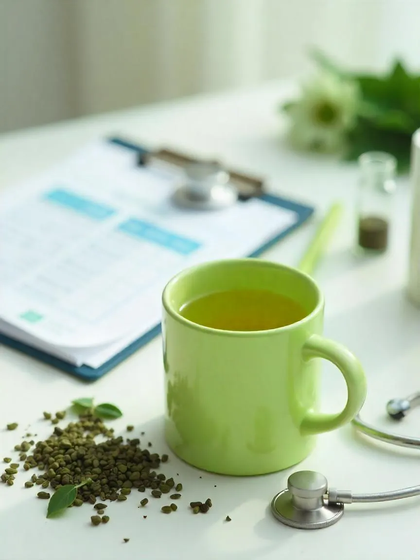 A cup of green tea beside tea leaves, a stethoscope, and a health chart, symbolizing the scientific research on tea and its potential health benefits.