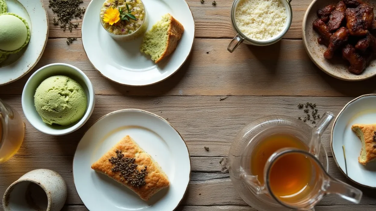 Assorted tea-infused dishes including matcha cookies, chamomile mousse, Earl Grey cake, chai scones, green tea ice cream, jasmine rice, and oolong short ribs.