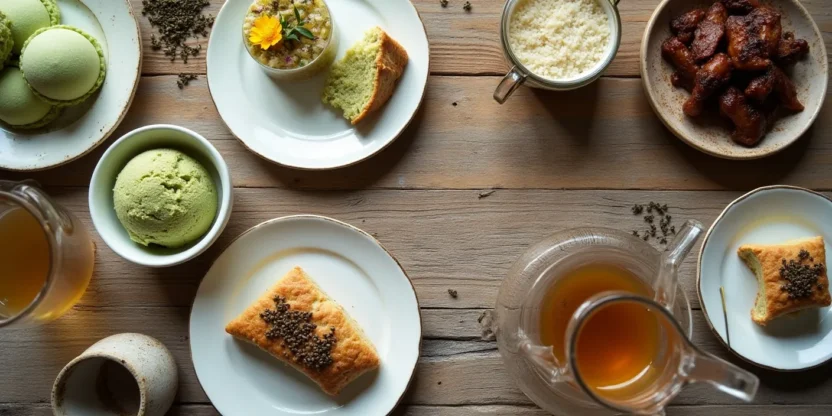Assorted tea-infused dishes including matcha cookies, chamomile mousse, Earl Grey cake, chai scones, green tea ice cream, jasmine rice, and oolong short ribs.