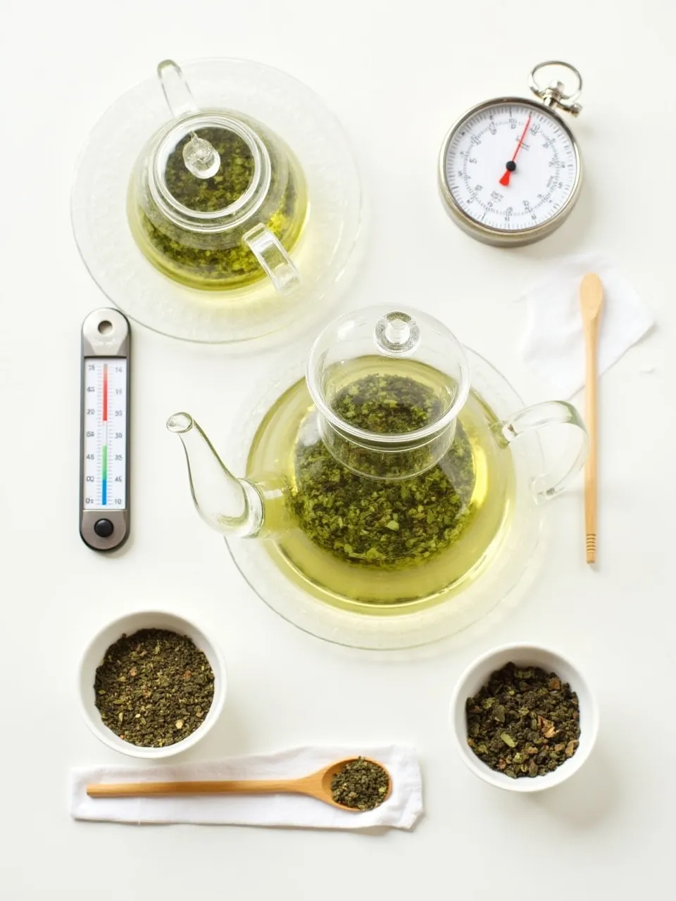 Tea infusion setup with a glass teapot, loose tea leaves, thermometer, and timer for proper steeping techniques.