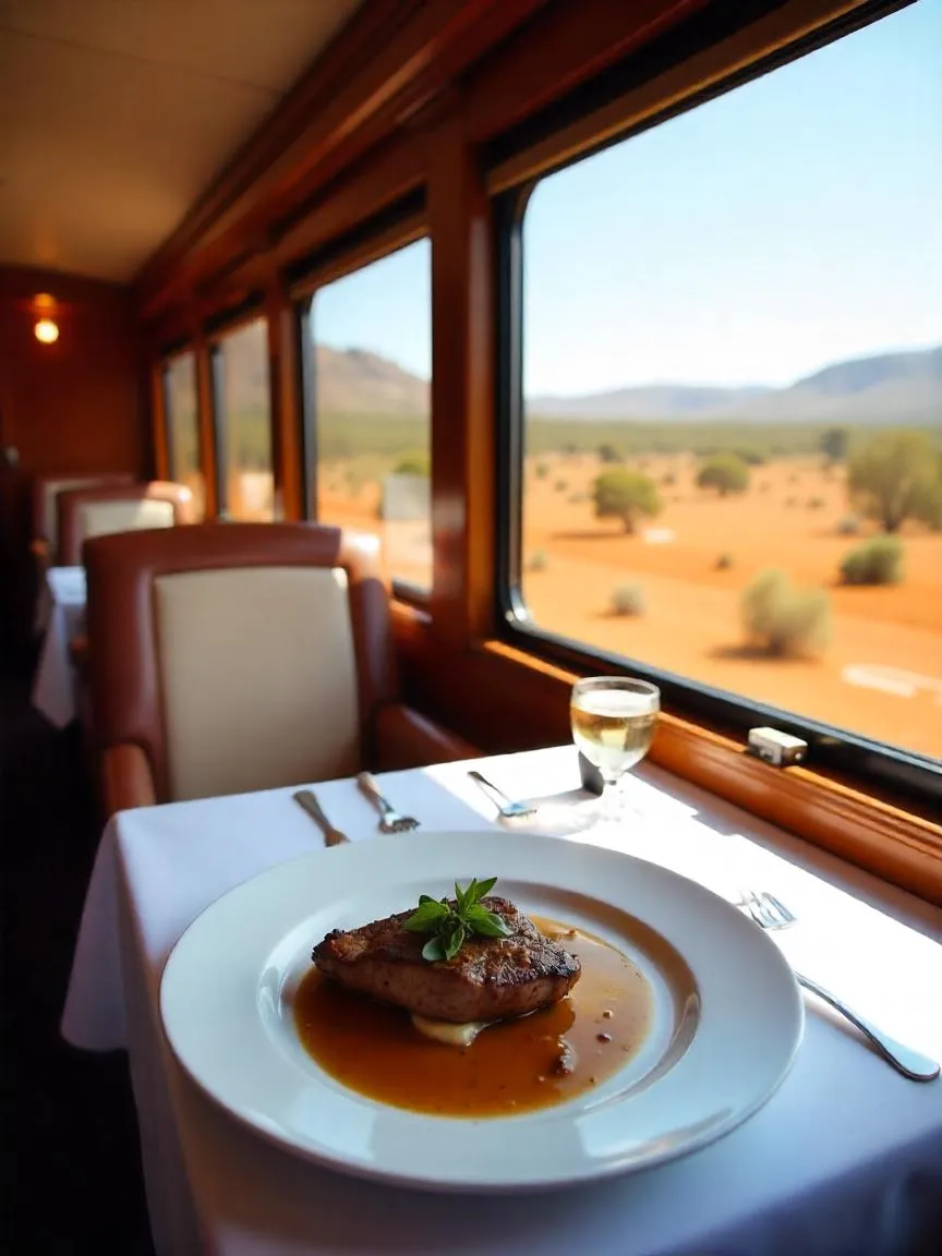 The Ghan dining car with panoramic views of the Australian outback and guests enjoying gourmet meals in an elegant setting.