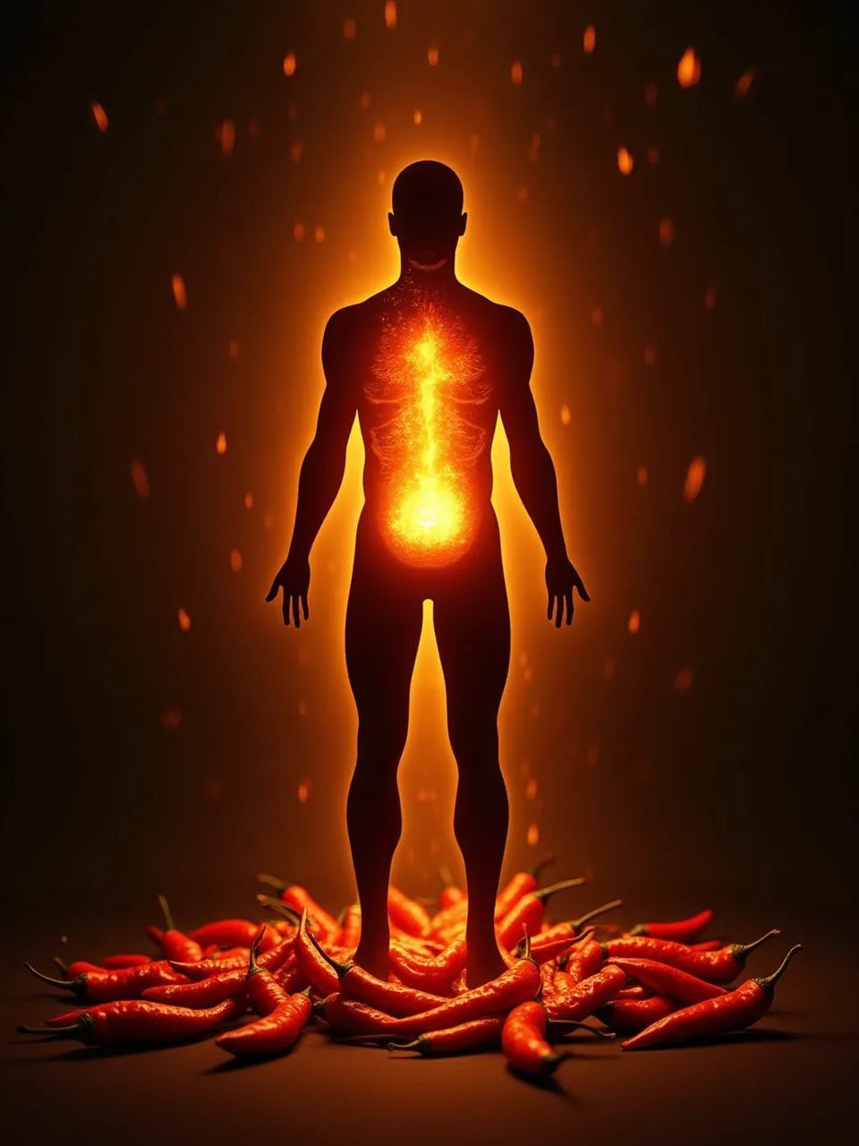 Illustration showing thermogenic effect with a glowing human silhouette surrounded by chili peppers and spices representing heat and metabolism boost.
