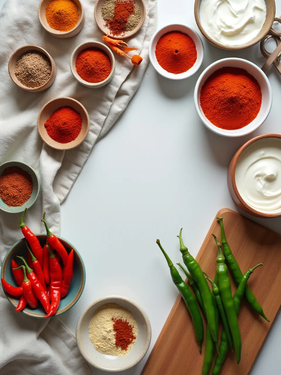 Assorted spicy ingredients including chili flakes, cayenne, and fresh peppers on a kitchen counter with yogurt, showing tips for adding spice to meals.