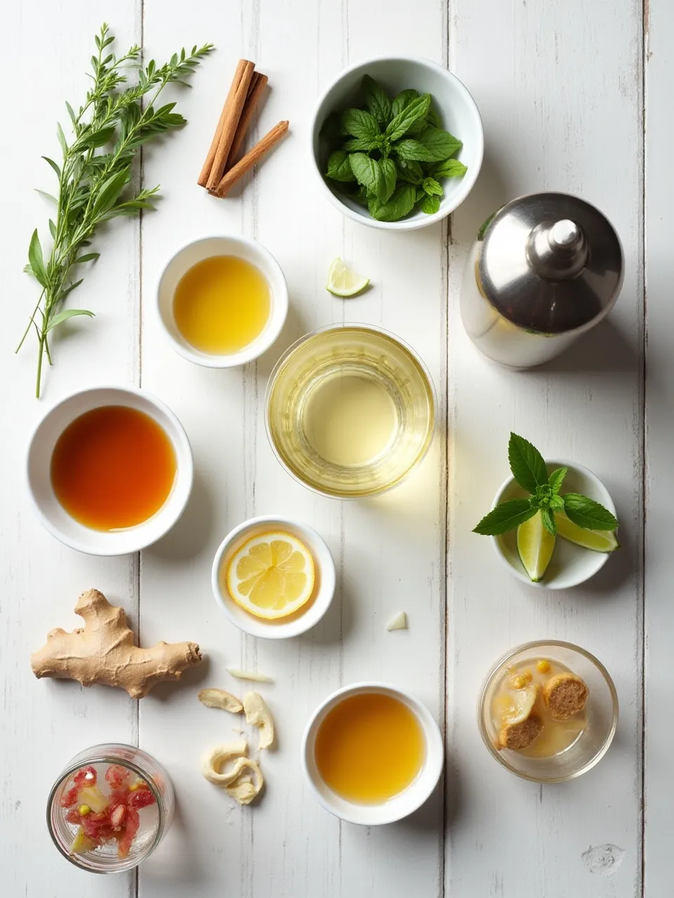 Ingredients and tools for crafting flavors in non-alcoholic drinks including citrus, herbs, spices, and natural sweeteners on a bright surface.