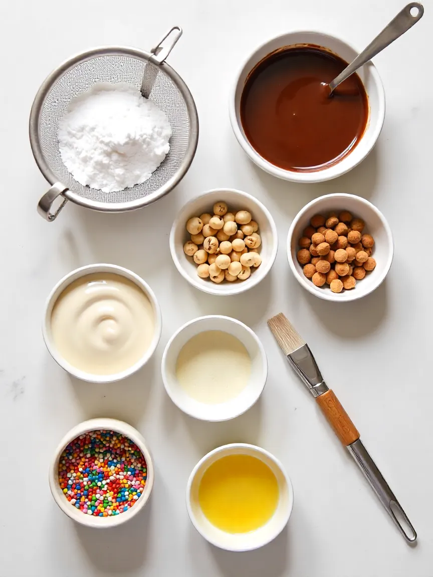 Assorted dessert toppings: powdered sugar, melted chocolate, vanilla glaze, chopped nuts, sprinkles, and cinnamon sugar in small bowls.