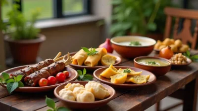 Traditional Armenian dishes including khorovats, manti, dolma, and lavash on a wooden table in Yerevan with a scenic outdoor background.