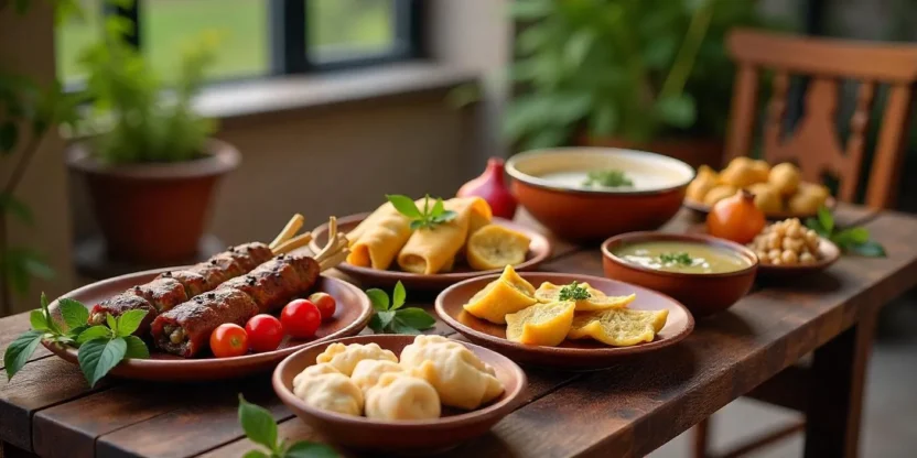 Traditional Armenian dishes including khorovats, manti, dolma, and lavash on a wooden table in Yerevan with a scenic outdoor background.