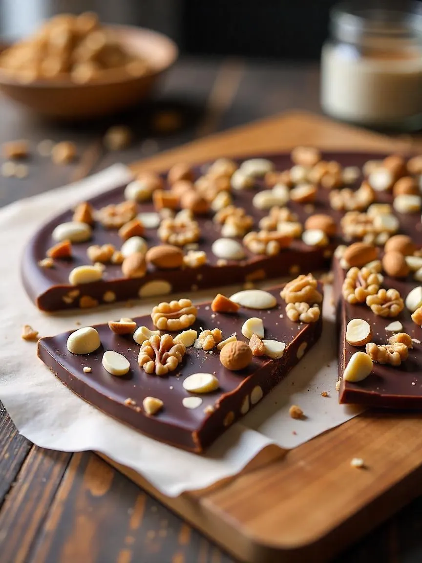Chunks of triple nut bark topped with almonds, cashews, and walnuts on a serving board.