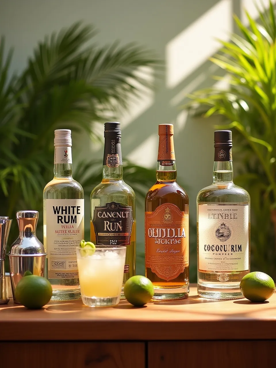 Selection of spirits for tropical cocktails including rum, tequila, and liqueurs on a bar counter with citrus fruits.