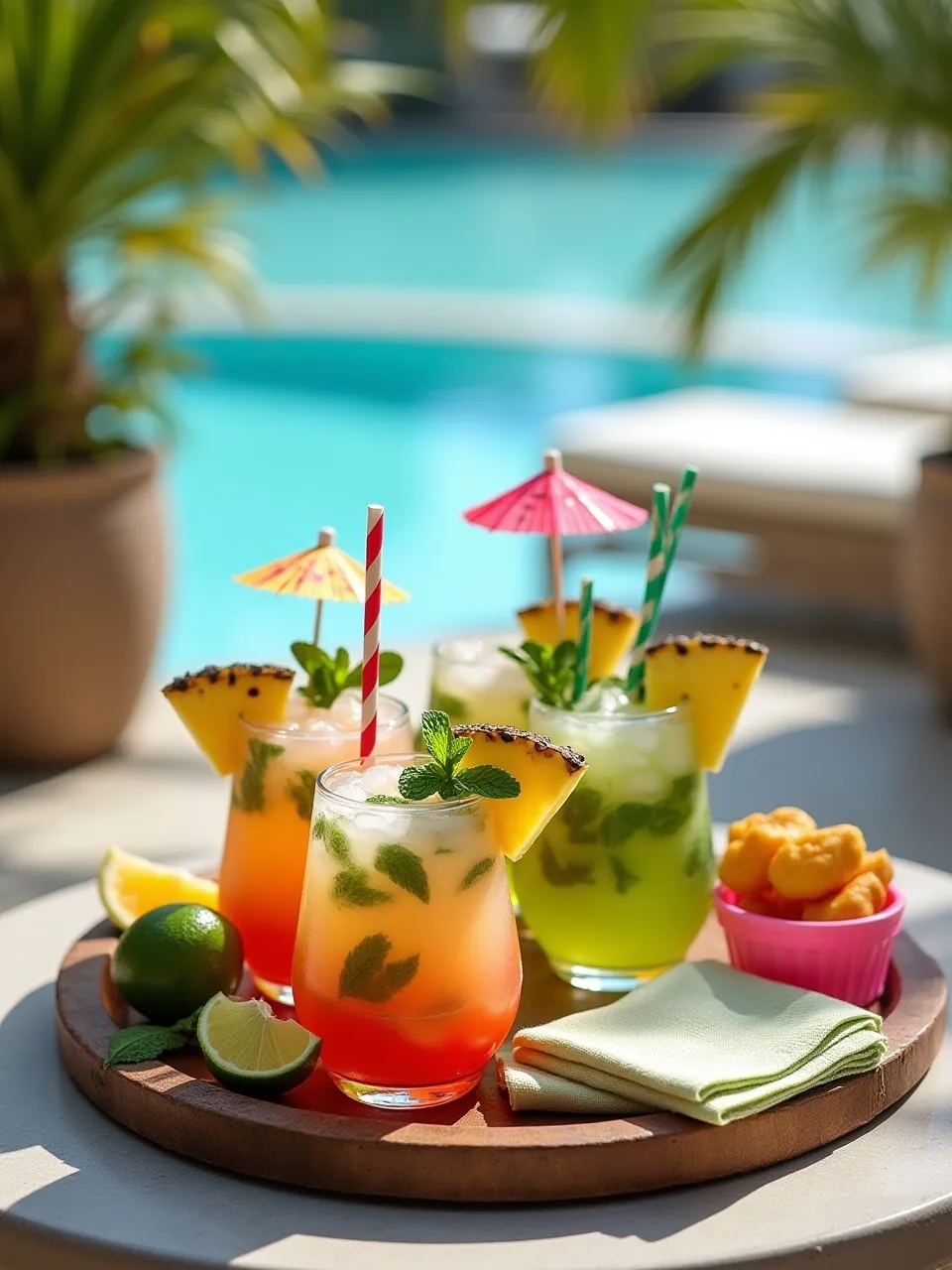 Tropical cocktails served on a sunny outdoor table with fruit garnishes, colorful straws, and a poolside setting.