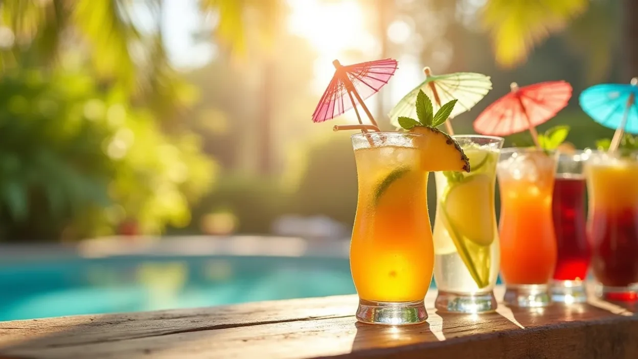Colorful tropical cocktails garnished with fruit and mint on a sunny outdoor table by the pool.