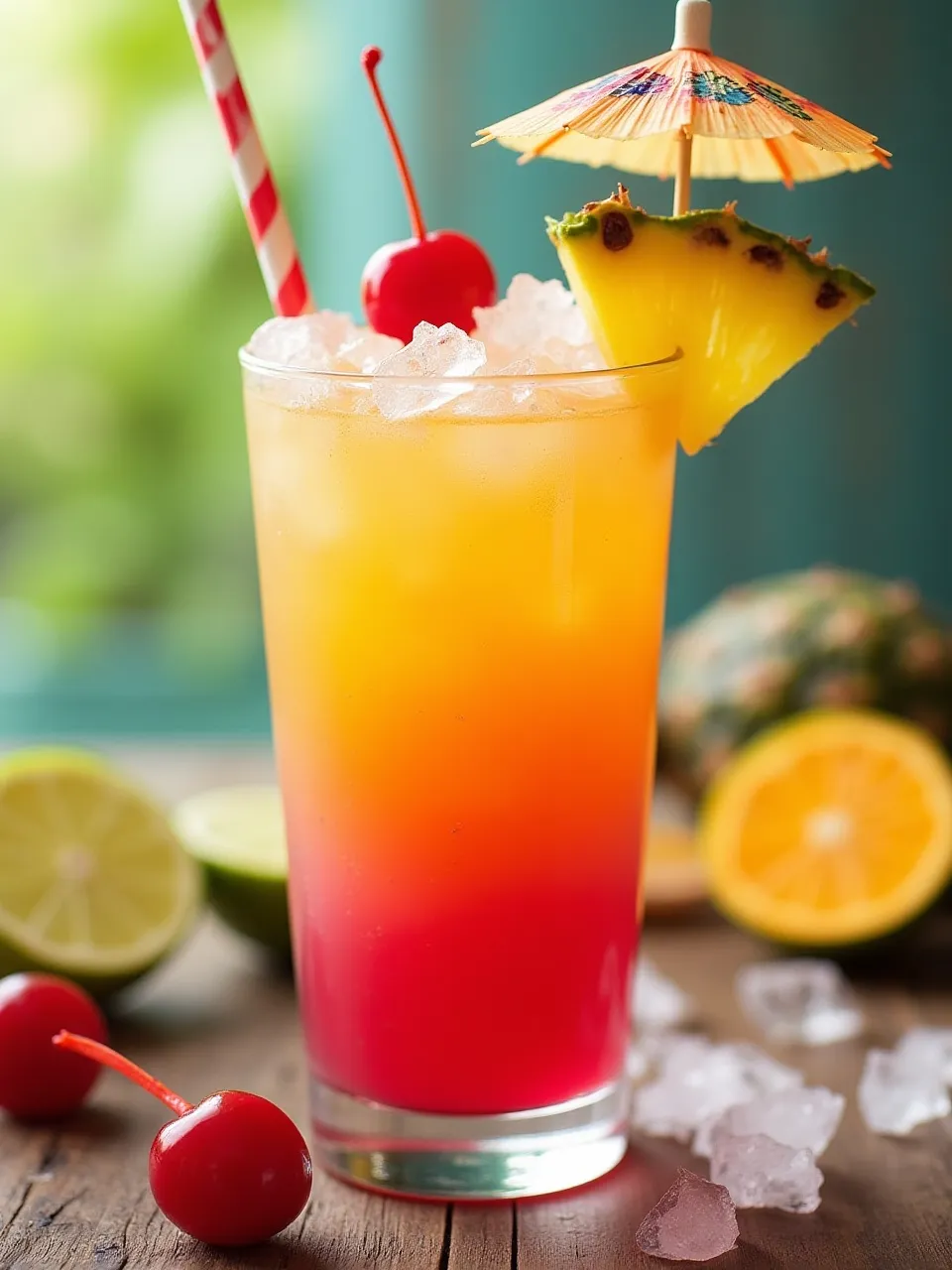 Tropical Rum Punch with bright layered colors, garnished with pineapple, orange, and cherry on a summer table.