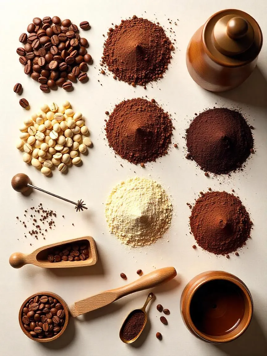 A flat lay of different coffee beans, roast levels, and grind textures, including a decaf option, showcasing coffee variety and preparation styles.