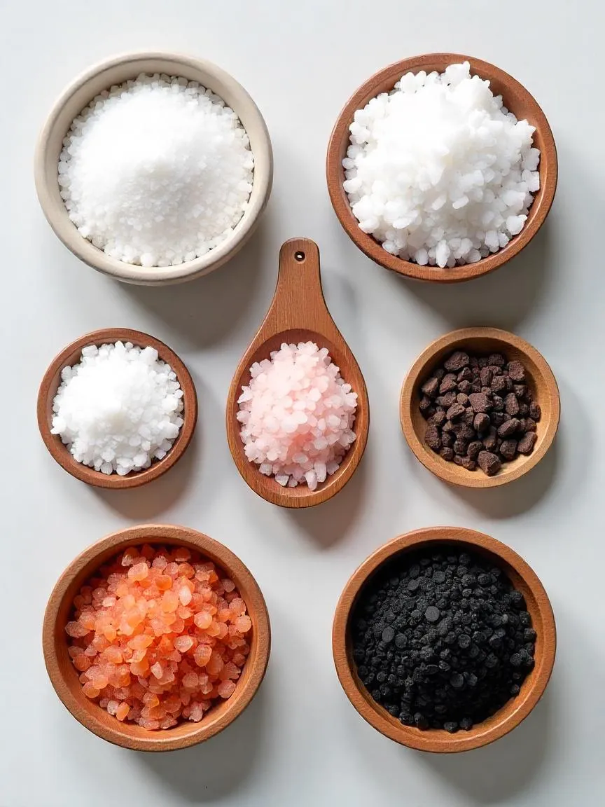 An assortment of salts in small bowls or spoons, showing different textures and colors like fine table salt, coarse kosher salt, pink Himalayan salt, and black salt. 
