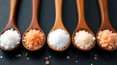 Five spoons displaying different types of salt on a dark background, showcasing variations in color and texture.